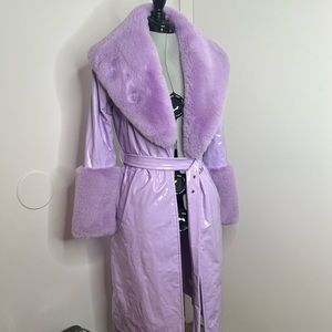 NWT PrettyLittleThing Lilac Vinyl Faux Fur Trench Coat
